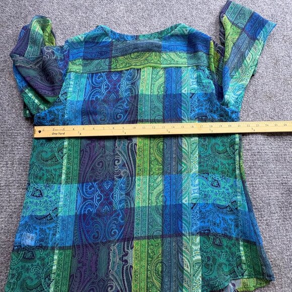 Liz Claiborne Top Womens L Green Blue Paisley Popover Blouse Sheer Silver Button - Picture 8 of 13